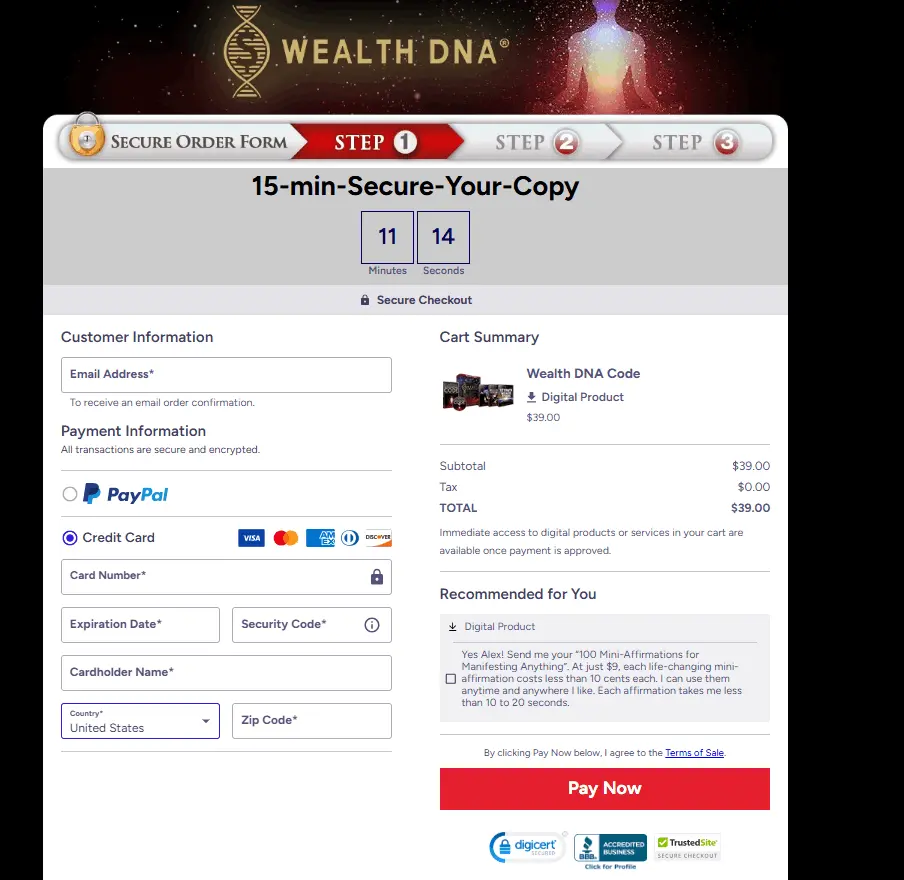 Wealth DNA Code checkout page